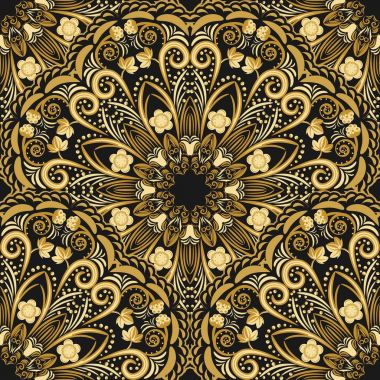 Siyah zemin üzerine altın mandala süslü seamless modeli.
