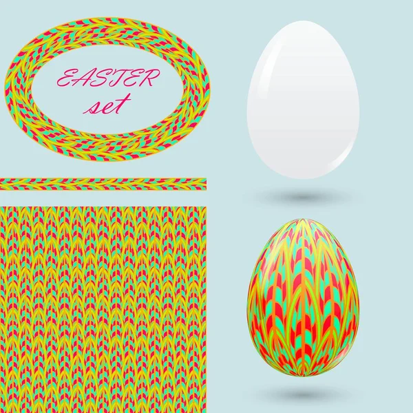 Conjunto de Páscoa com ovos sem costura moldura padrão e escova com ornamentos brilhantes —  Vetores de Stock