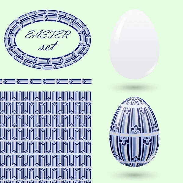 Pasen blauw ingesteld met eieren naadloze patroon frame en borstel. — Stockvector