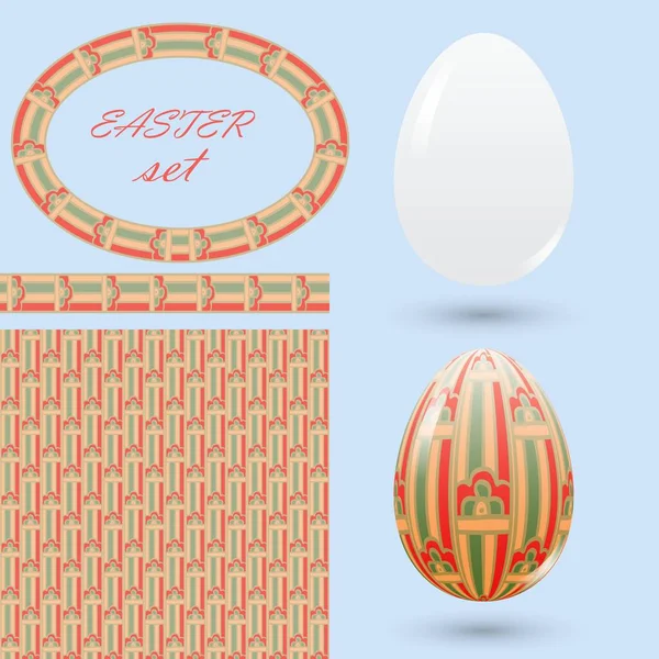 Verzameling van Pasen ontwerpelementen. Eieren naadloze patroon frame en borstel met ornamenten — Stockvector