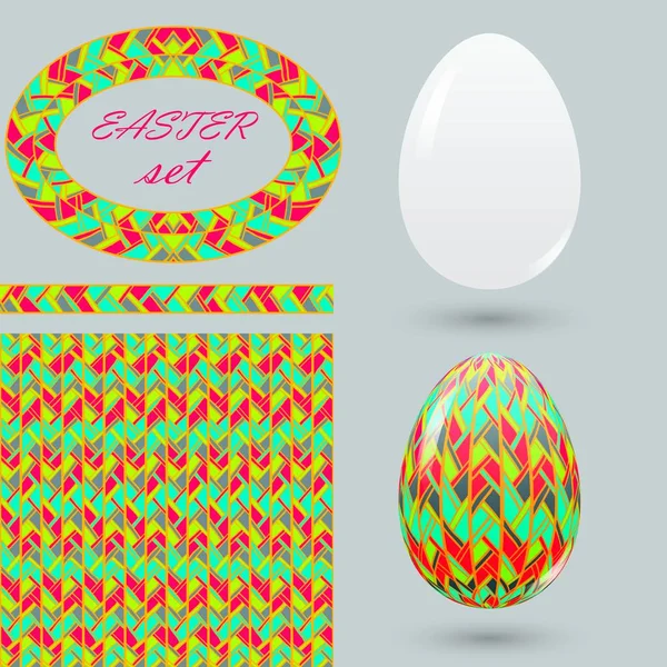 Set with painted Easter eggs and design details zenart style. Motley spring ornamental brush seamless pattern and frame for announcements, greeting cards, posters, advertisement. — Stock Vector