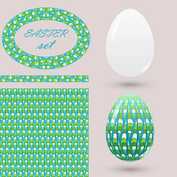 Set with green Easter eggs and design elements zenart style. Bright spring color ornamental brush seamless pattern and frame for design announcements, greeting cards, posters, advertisement. — Stock Vector