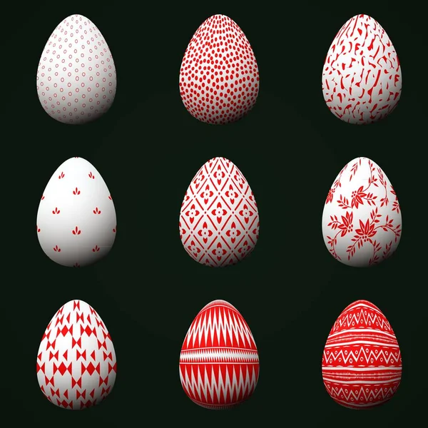 Collection of Easter eggs with red patterns isolated on a dark green background. — Stock Vector