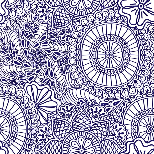 Mehendi sömlösa mönster av blå med vit färg. Boho indisk stil hand ritade element — Stock vektor
