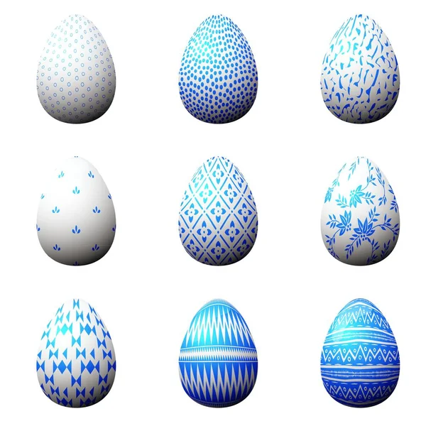 Ensemble d'oeufs de Pâques peints en porcelaine bleue . — Image vectorielle