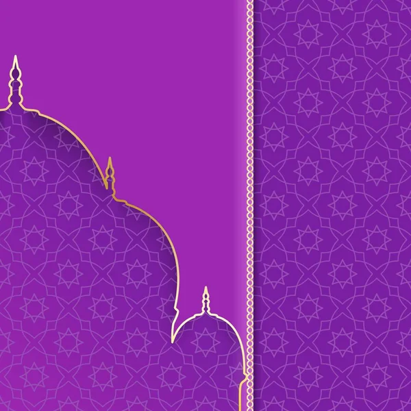 Fondo de saludo con mezquita de silueta. Tarjeta púrpura y dorada para vacaciones musulmanas . — Vector de stock