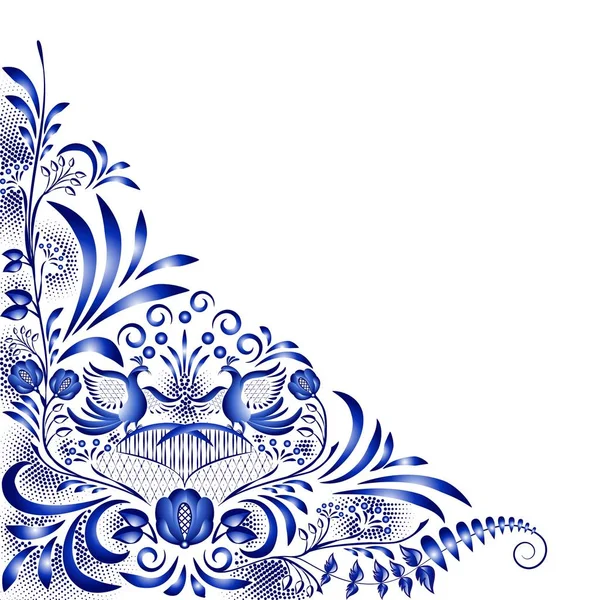Angolo modello blu con uccelli e fiori nello stile della pittura nazionale su porcellana. Elemento decorativo di design ad angolo floreale per biglietti, inviti, pagine e annunci . — Vettoriale Stock