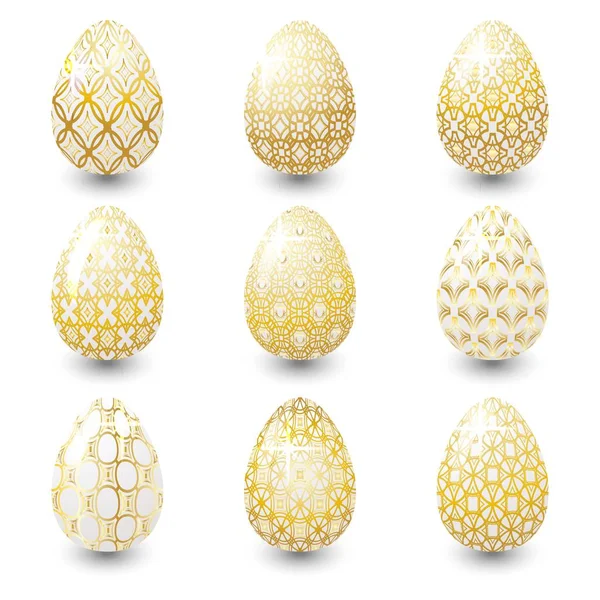 Set of Golden Easter eggs with ornaments. — Stock Vector