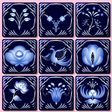 Etnik tarzda porselen üzerine boyalı Seramik Karo ayarlayın. Çiçekler koyu mavi zemin üzerine örnek tasarım. Stilizasyon.