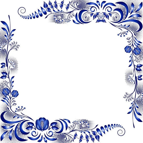 Eckdesign-Elemente im Stil der nationalen Porzellanmalerei. Vorlage Grußkarte oder Einladung mit blauen Blumen. — Stockvektor