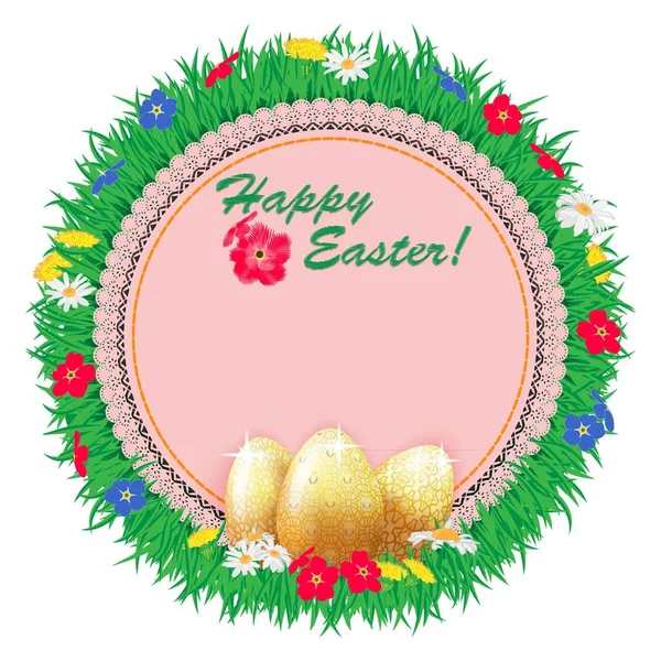 Easter background frame with embroidered napkin and golden eggs on a background of meadow grass with flowers of camomiles and dandelions.