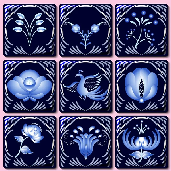 Set de baldosas cerámicas de estilo étnico pintadas sobre porcelana. Diseño de la muestra con flores sobre un fondo azul oscuro. Estilización . — Vector de stock