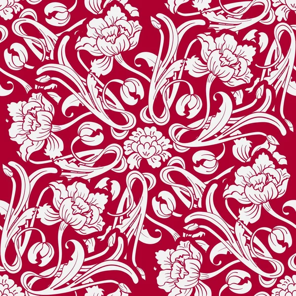 รูปแบบสีแดงไร้เย็บพร้อมดอกไม้ในสไตล์ตะวันออก . — ภาพเวกเตอร์สต็อก