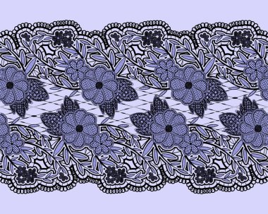 Sorunsuz dantel mavi dokulu şerit. Bir örgü çiçek ve yaprak yatay kalıp.