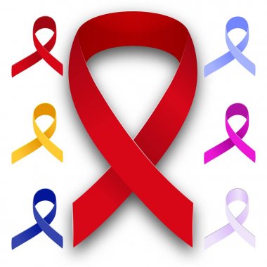 Bilinçlenme kurdeleleri kümesi. Döngüler gruplarından farklı renkler, beyaz izole biri. Vektör çizim.