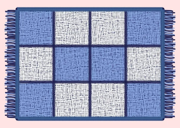 Синий коврик с бахромой. Прямоугольный ковер в клетке — стоковый вектор