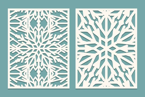 Mourez et découpez au laser des panneaux décorés avec motif flocons de neige. Découpe laser motifs de bordures en dentelle décorative. Ensemble de modèles d'invitation de mariage ou de carte de vœux . — Image vectorielle