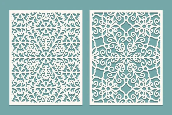 Panneaux scéniques découpés au laser avec motif flocons de neige. Découpe laser motifs de bordures en dentelle décorative. Ensemble de modèles d'invitation de mariage ou de carte de vœux . — Image vectorielle