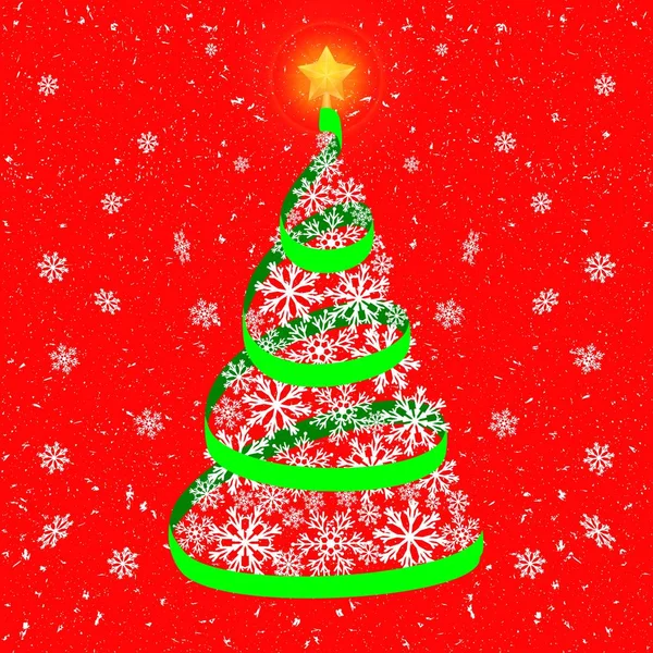 Árbol de Navidad con brillante estrella dorada hecha de copos de nieve blancos sobre fondo rojo. Elemento elegante para Navidad y tarjetas de año nuevo . — Vector de stock