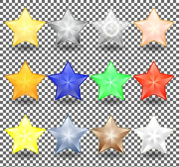 Set di Natale stelle realistiche di diversi colori. Decorazione di anno nuovo di colore lucente, metallico e trasparente . — Vettoriale Stock