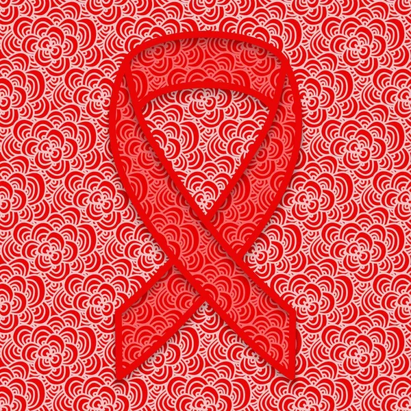 Červená stuha zdoláváno vzorované pozadí. Symbol boje s Aids. — Stockový vektor