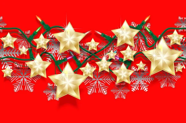 Christmas seamless horizontal pattern of stars, snowflakes and garlands with light bulbs. Bright New Years border for design. — Stock Vector