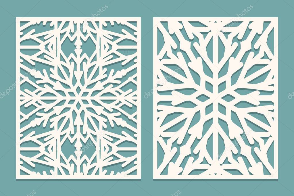Die and laser cut decorated panels with snowflakes pattern. Laser cutting decorative lace borders patterns. Set of Wedding Invitation or greeting card templates.