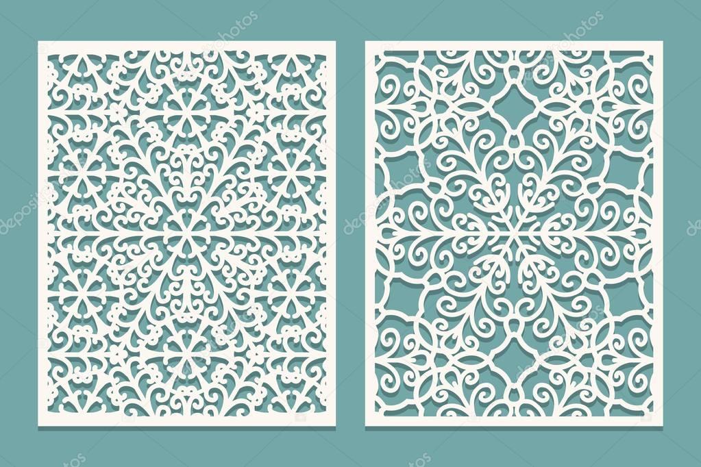 Die and laser cut scenical panels with snowflakes pattern. Laser cutting decorative lace borders patterns. Set of Wedding Invitation or greeting card templates.