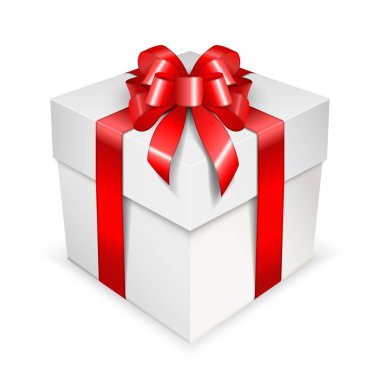 Temiz beyaz hediye kutusu ve yemyeşil bir fiyonk. Beyaz arkaplanda saten parlak kırmızı kurdeleli kare konteynır.