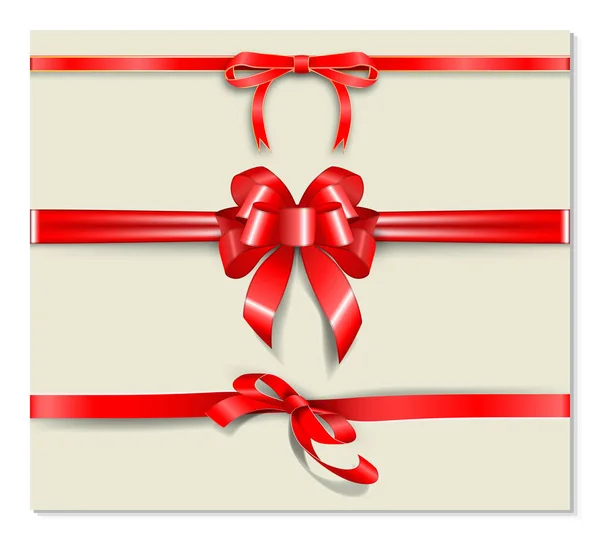 一套缎子红色缎带和打结的弓。 问候语和礼物主题设计的横向要素. — 图库矢量图片