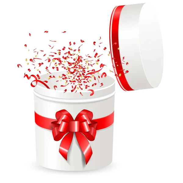 Open gift box round shape with red satin ribbon and Bow. Streamer ribbons confetti surprise fly out of the container. Isolated on white. — Stock Vector