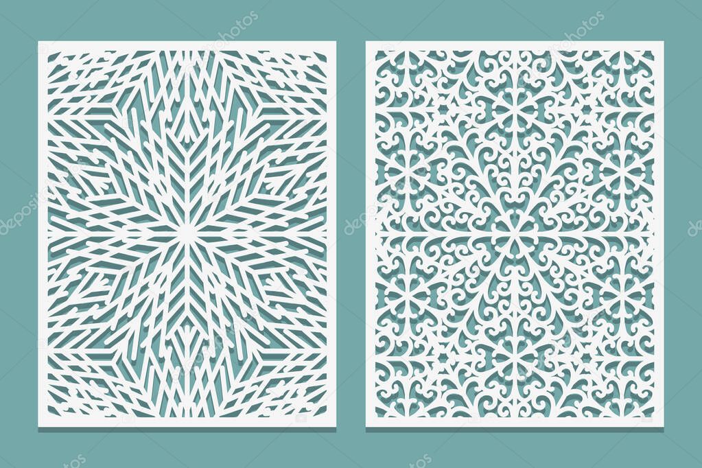 Die and laser cut decorative panels with snowflakes image. Lazer cutting lacy borders. Set of Wedding Invitation or greeting card templates.