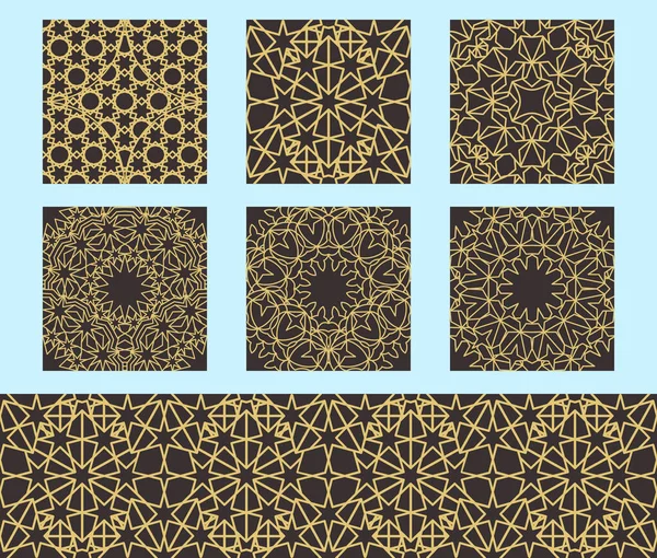 Conjunto de adornos islámicos sin costuras, motivo de decoración persa. Ramadán islámico repetición de elementos de patrón. Decoración geométrica circular ornamental árabe tradicional. Fondo dorado . — Vector de stock