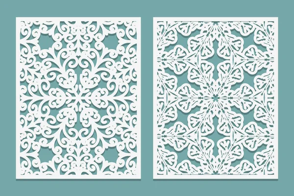 Die and laser cut decorative screen panels with snowflakes design. Lazer cutting lace borders. Set of Wedding Invitation or greeting card templates. — Stock Vector