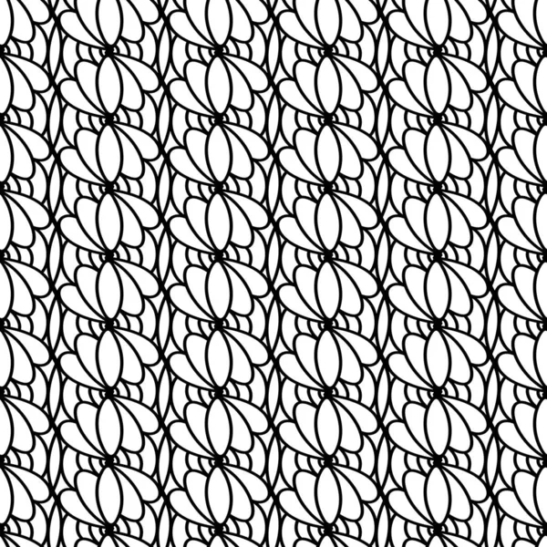 Sömlöst mönster. Svart och vit linjär bakgrund. Dekorativa geometriska kronblad. Regelbunden klottrande design med tunn linje. Trendig snygg prydnad. — Stock vektor