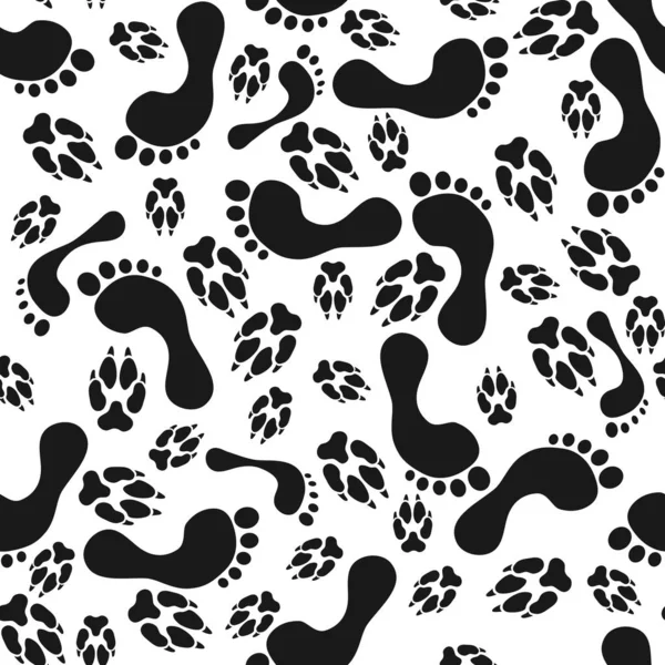 Voetafdrukken en honden- of kattenpootjes print op wit naadloos patroon. — Stockvector