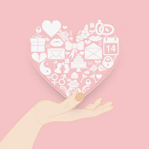 Icons of Valentines day in the shape of a heart are shown on a female hand. Pink tender background concept for greeting card, invitation or banner — Stock Vector