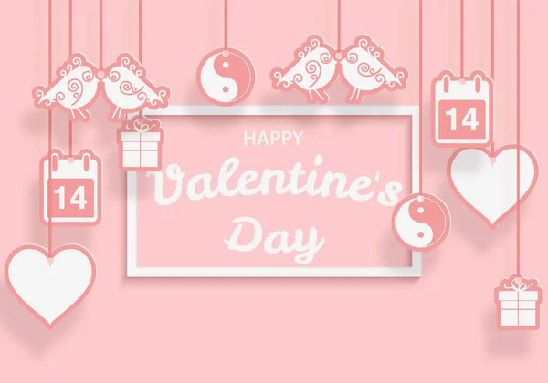 Feliz día de San Valentín corte diseño de papel, contienen iconos de corazones, pájaros, caja de regalo, calendario y otros símbolos están colgando en la parte superior. Fondo rosa suave. Marco para texto en el centro — Vector de stock