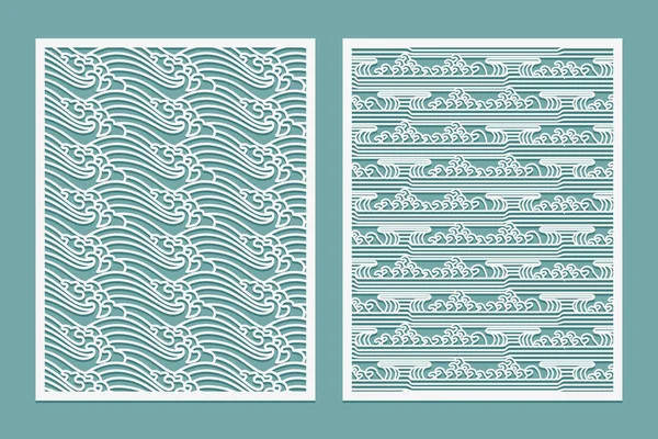 Plantillas de corte por láser patrones. Ondas de los ríos Paisajes de estilo oriental Corte de metal o talla de madera, diseño de panel, plantilla para calado, arte del papel, fondo de tarjeta o decoración de interiores — Archivo Imágenes Vectoriales