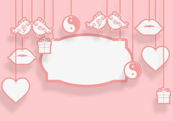 Valentines day of cut paper design, contain icons of hearts, birds, lips and other symbols are hanging by twine on top. Soft pink background. Place the text in the center. — Stock Vector