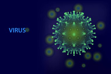 Virüs Covid-19 NCP. Roman Coronavirus 2019-nCoV. Coronavirus nCoV tek iplikli RNA virüsü olduğunu gösteriyor. 3D viral hücre poligon ağ parlayan neon rengi. Vektör illüstrasyonu.