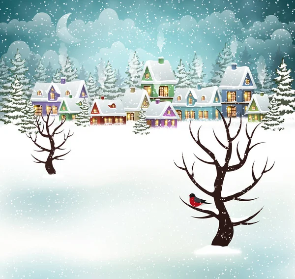 Вечірня зимова сцена села — стоковий вектор