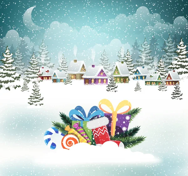 Snow-covered village and Christmas presents — Stock Vector