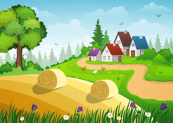 Granja y campos — Vector de stock