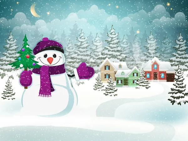 Snowman with christmas tree — Stock Vector