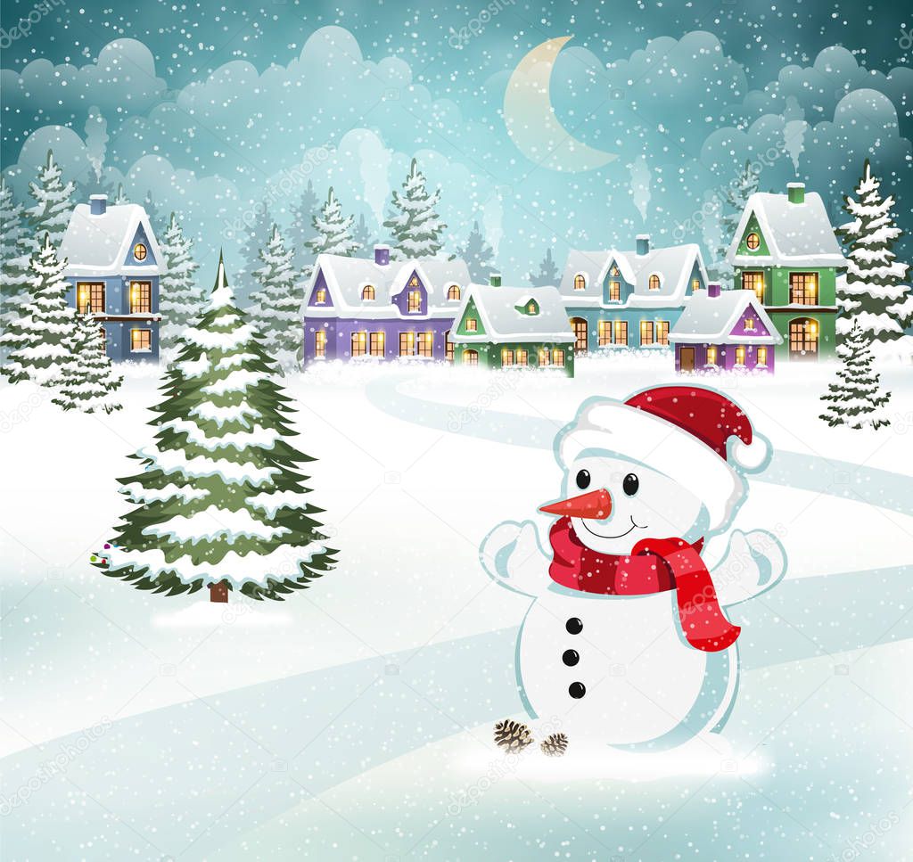 Download Winter scene with snowman — Stock Vector © stekloduv #175275370