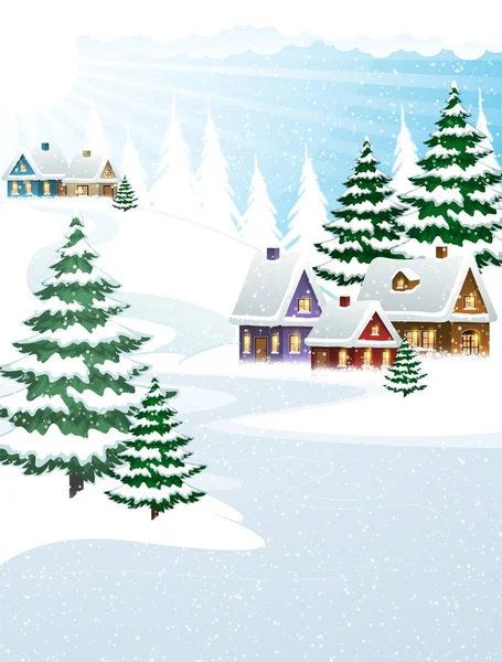 Winter village with pine forest — Stock Vector