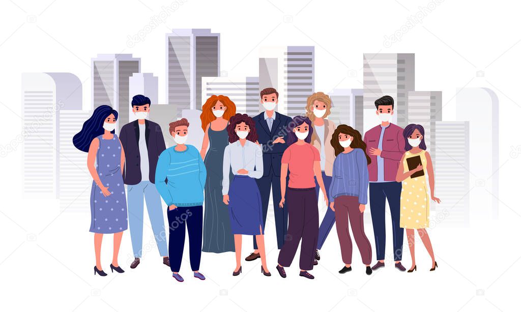 Group of people with antiviral face masks on the background of the big city. Virus protection concept vector illustration.