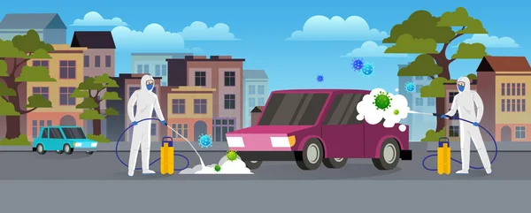 Spezialisten Schutzanzügen Reinigen Und Desinfizieren Das Auto Auf Der Straße — Stockvektor