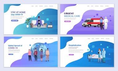 Doktorlar enfekte insanlara yardım eder. Coronavirus covid-19 enfeksiyonu için tıbbi bakım. Vektör illüstrasyon iniş sayfası şablonu.